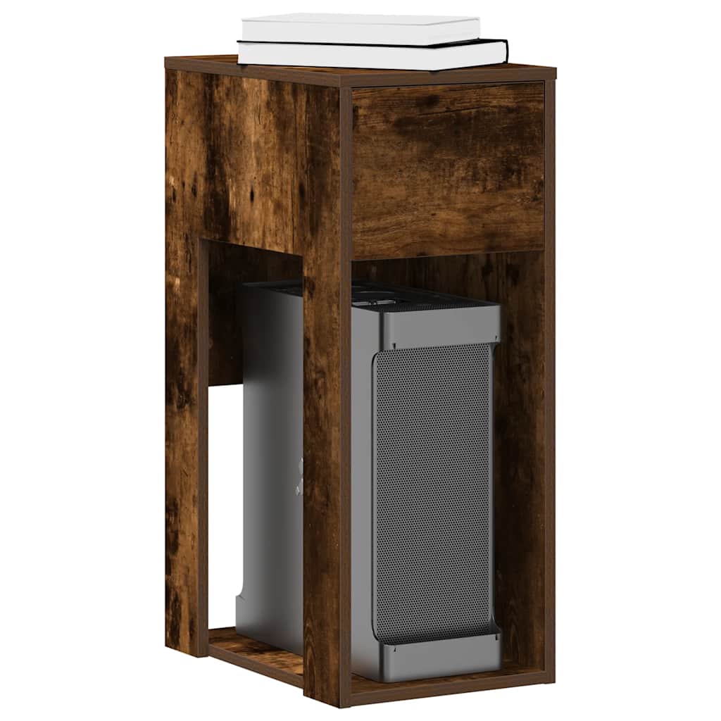 Smoked Oak Computer Tower Stand with Drawer - 30x44x74 cm