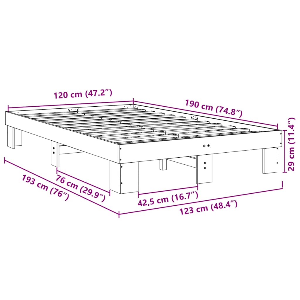 Compact Oak Solid Wood Bed Frame 120x190 cm - No Mattress Included