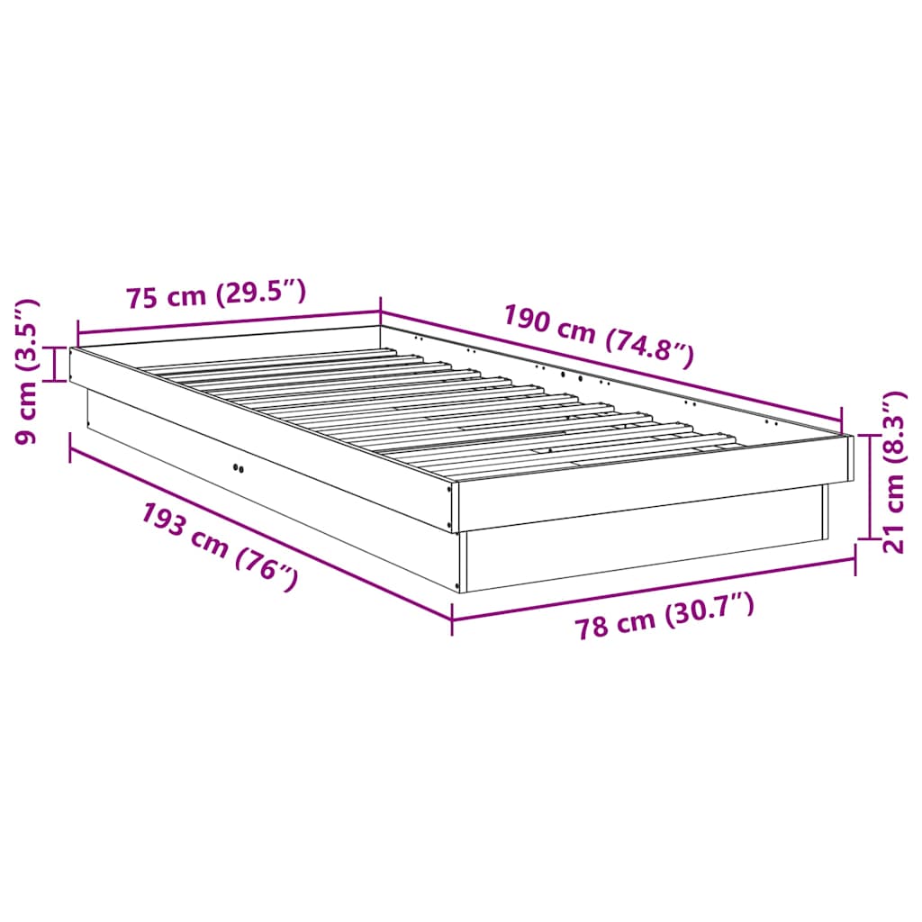 Solid Oak Wood Bed Frame 75x190 cm - No Mattress Included