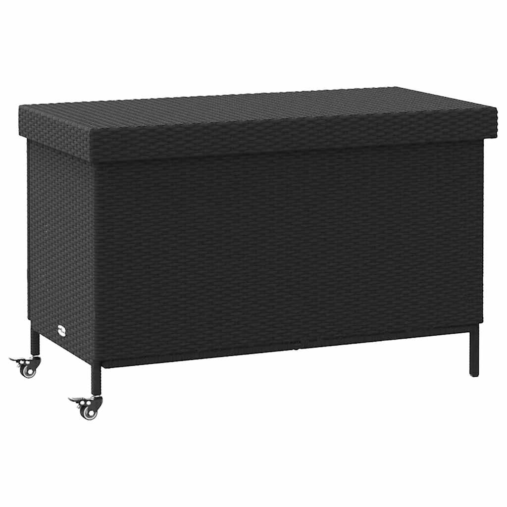 Black Poly Rattan Garden Storage Box with Wheels 110x55x73 cm