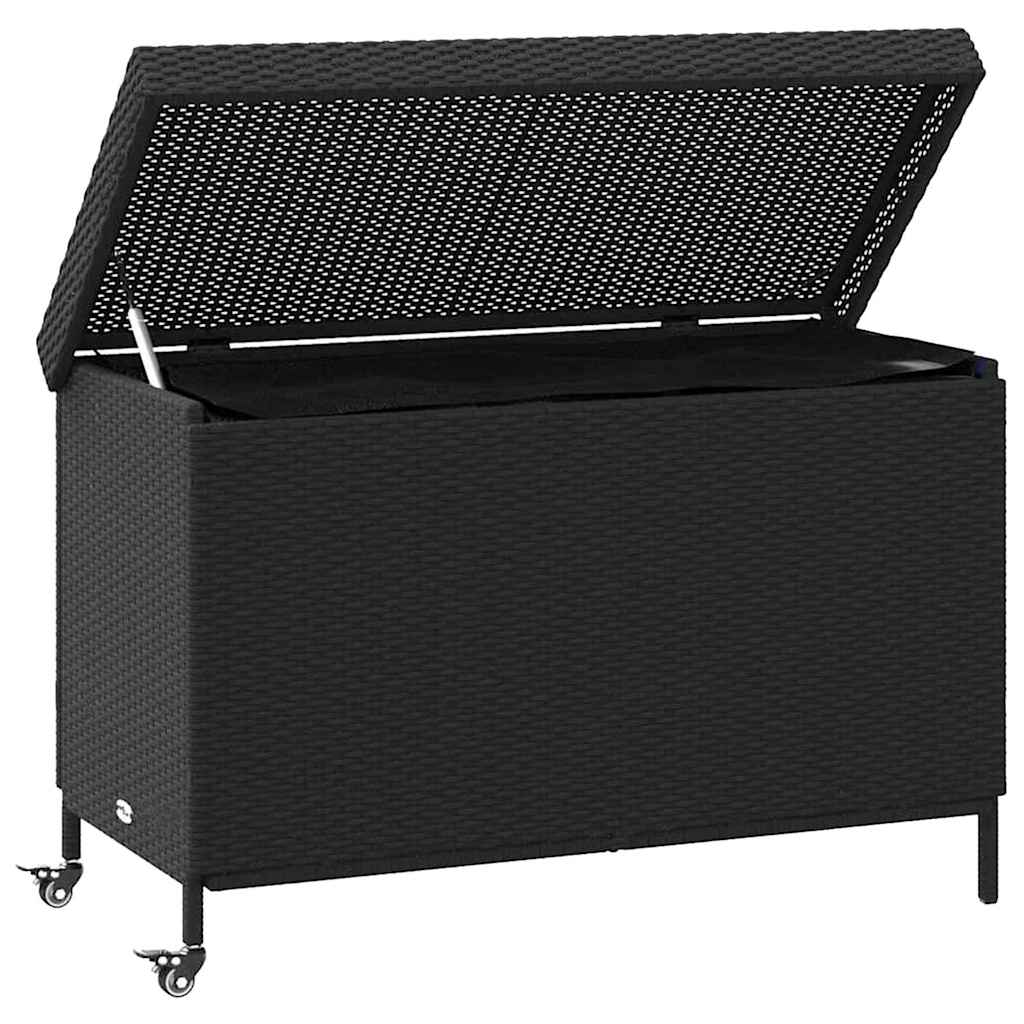 Black Poly Rattan Garden Storage Box with Wheels 110x55x73 cm