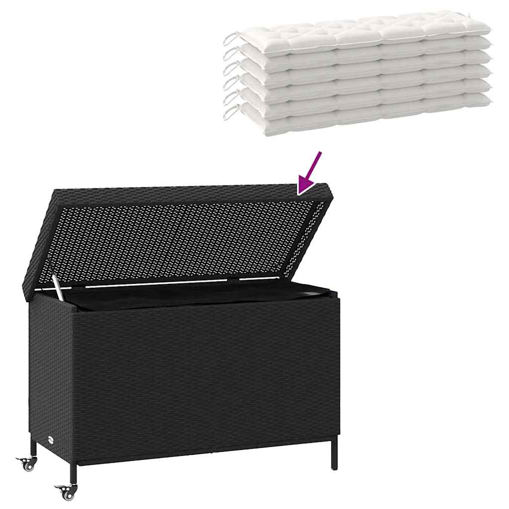 Black Poly Rattan Garden Storage Box with Wheels 110x55x73 cm