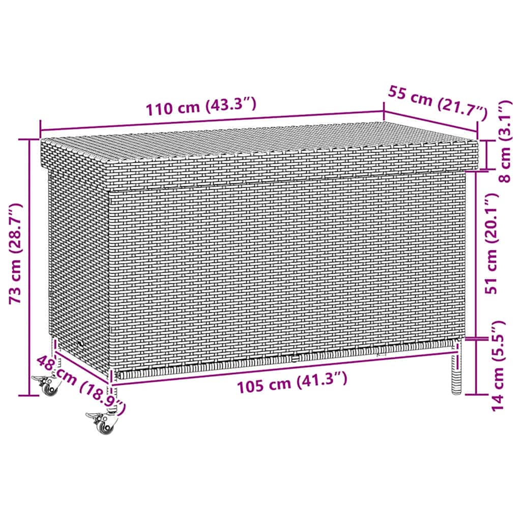 Black Poly Rattan Garden Storage Box with Wheels 110x55x73 cm
