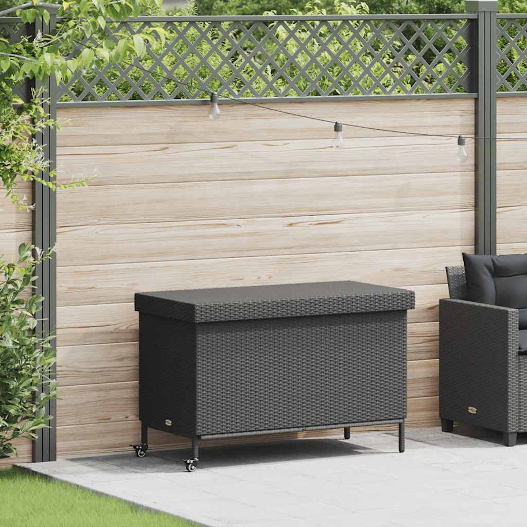 Black Poly Rattan Garden Storage Box with Wheels 110x55x73 cm