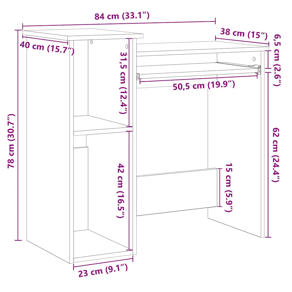 Black Engineered Wood Desk with Shelves, 84x40x78 cm