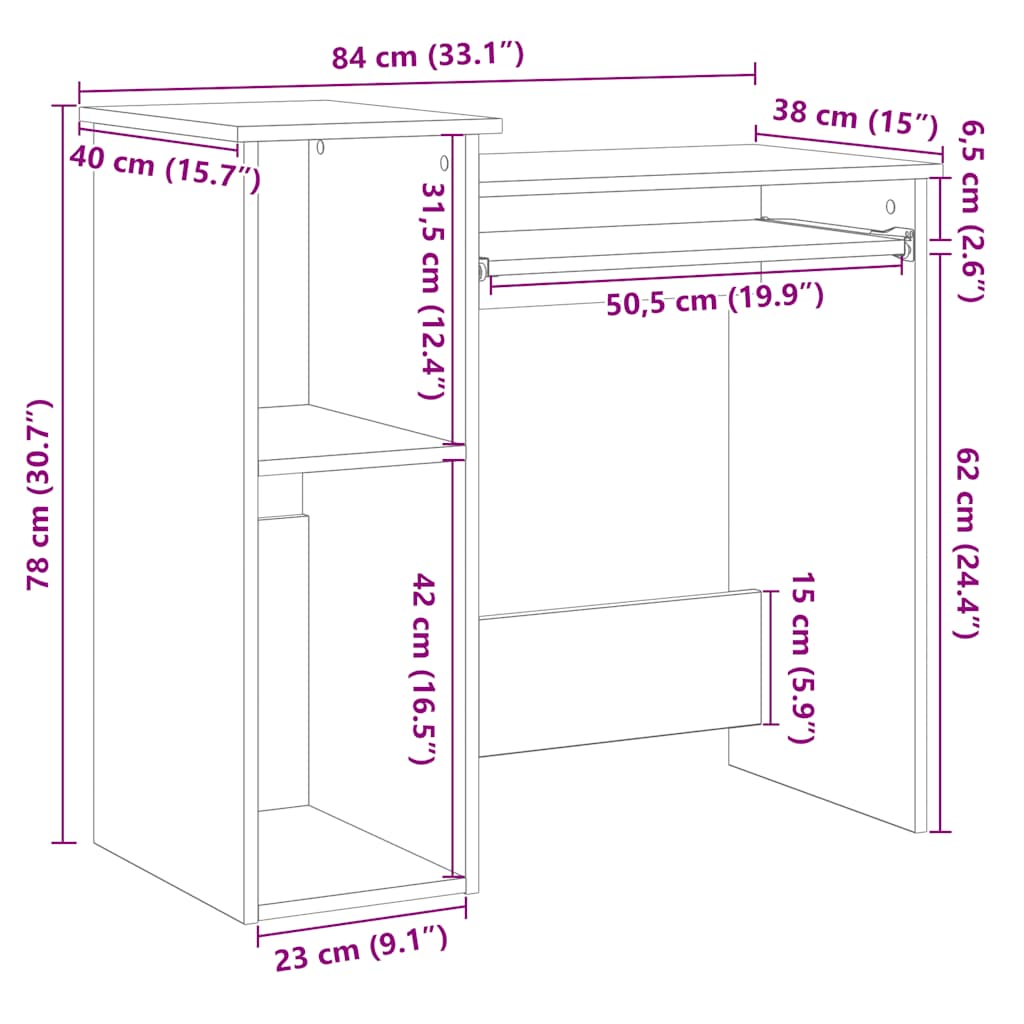 Grey Sonoma Engineered Wood Desk with Shelves - 84x40x78 cm