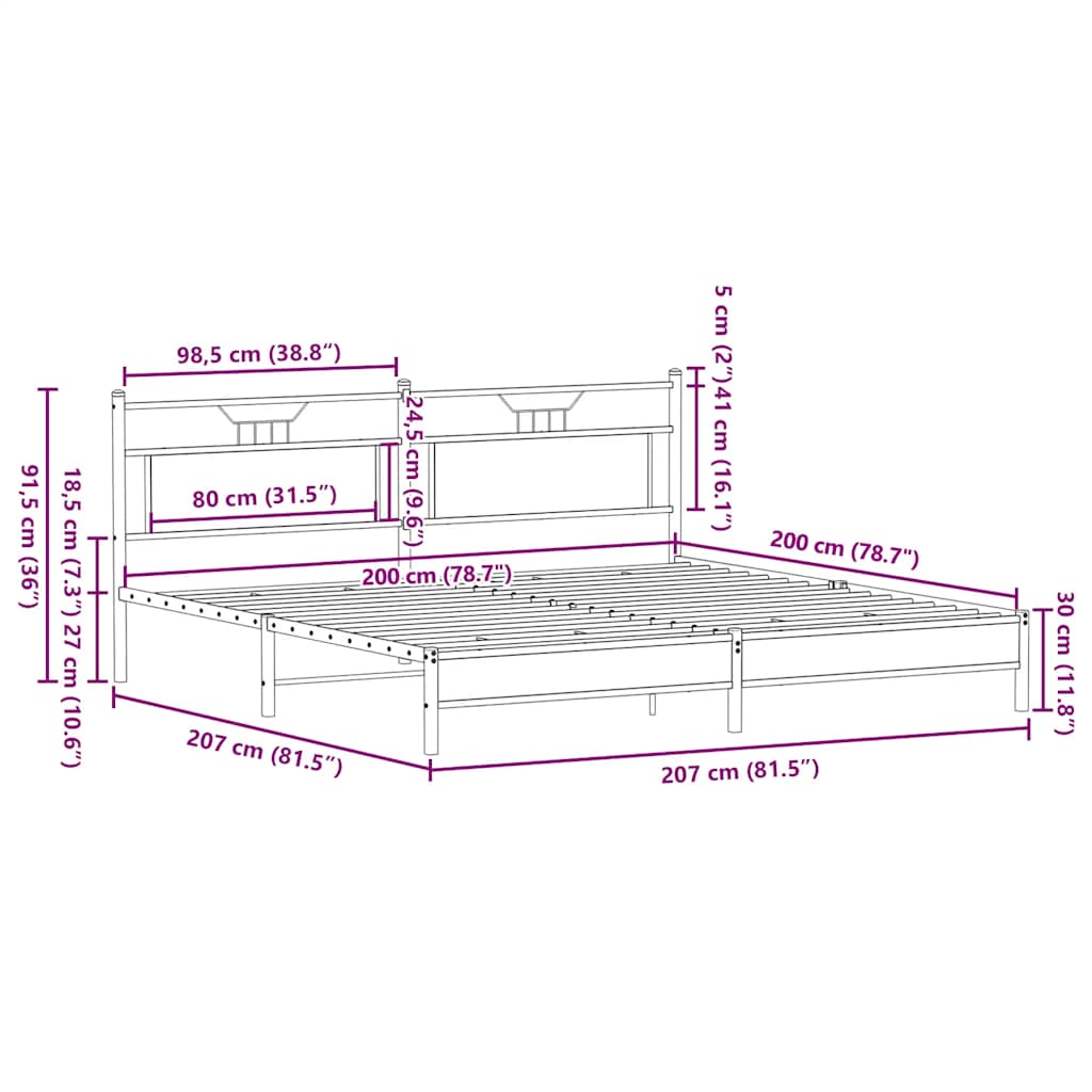 Smoked Oak Metal Bed Frame 200x200 cm - Sturdy & Stylish Design