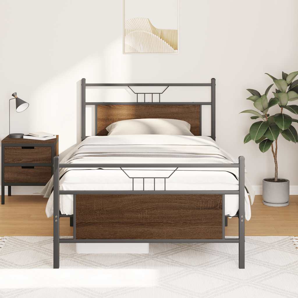 Brown Oak Bed Frame 100x190 cm - Engineered Wood, No Mattress