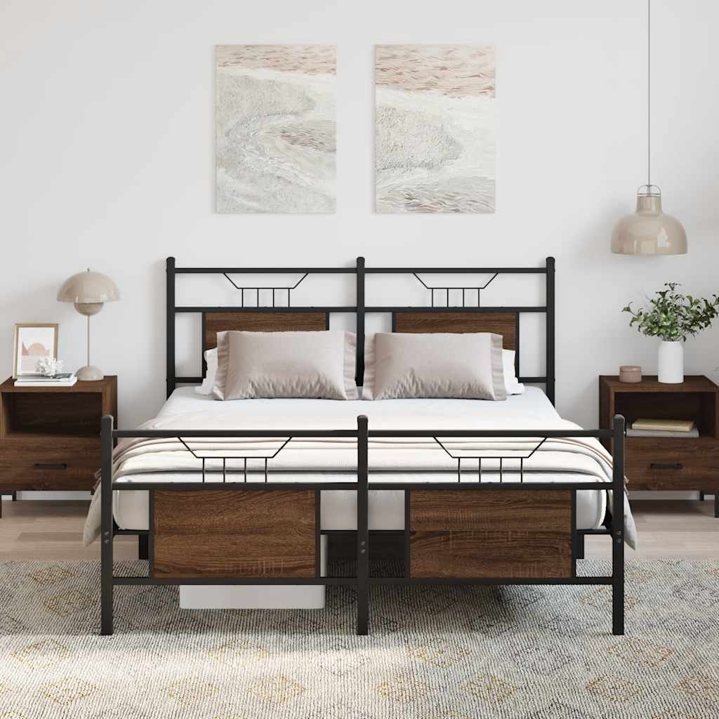 Brown Oak Bed Frame 137x190 cm - Engineered Wood, No Mattress