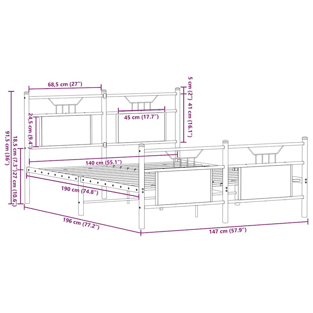 Brown Oak Engineered Wood Bed Frame 140x190 cm - No Mattress Included