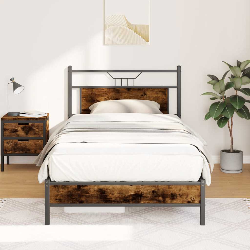Smoked Oak Engineered Wood Bed Frame 107x203 cm Without Mattress