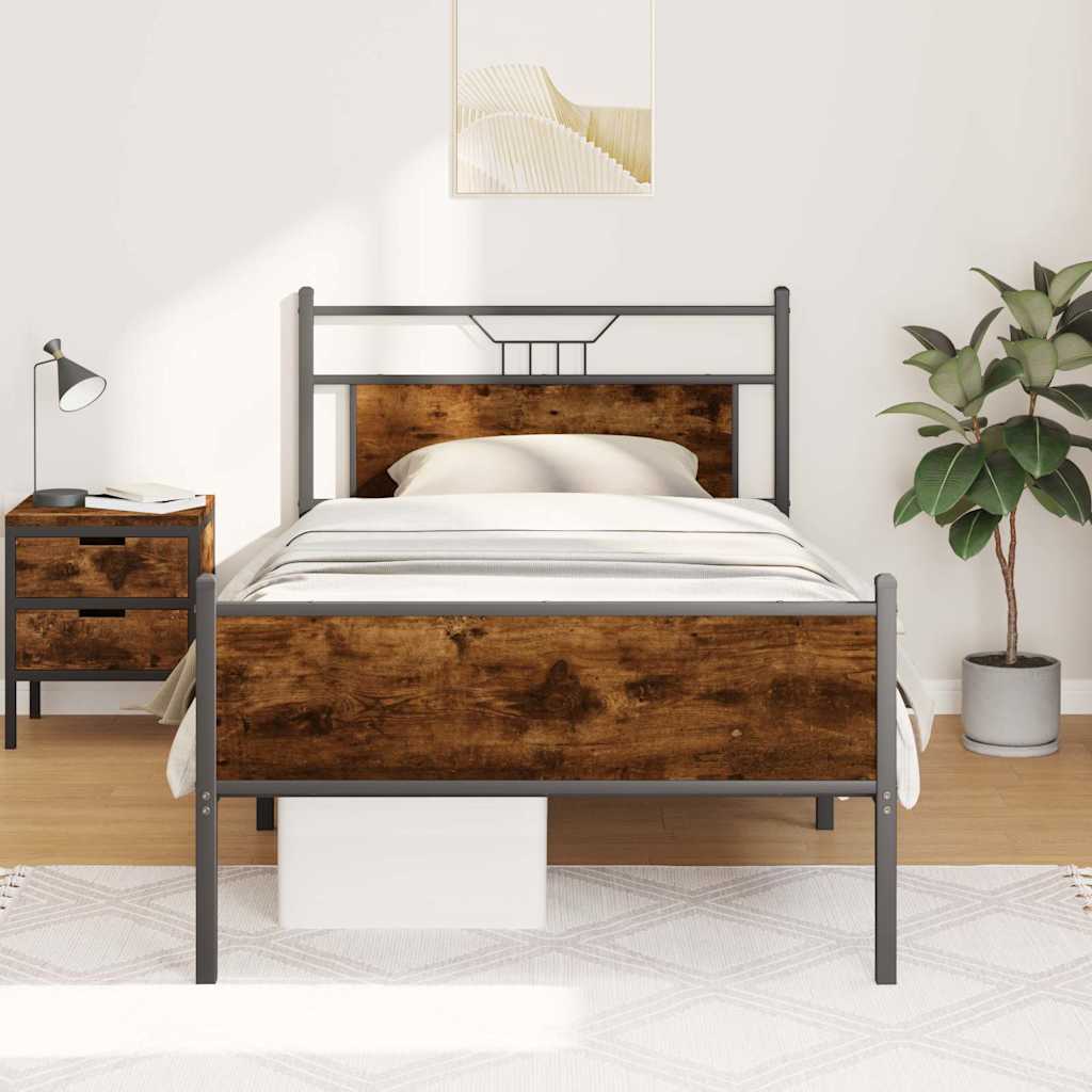 Smoked Oak Bed Frame 100x190 cm | Engineered Wood Design