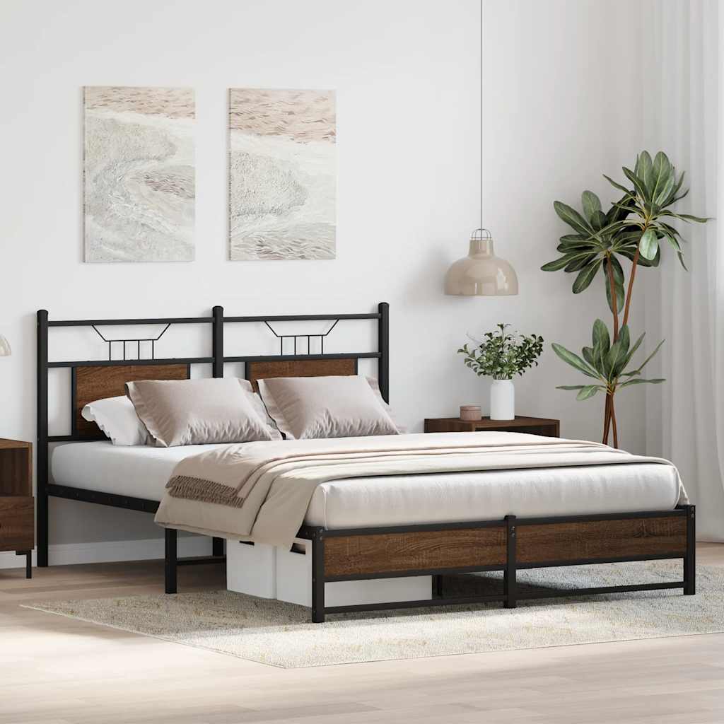 Brown Oak Bed Frame 137x190 cm | Engineered Wood | No Mattress Included