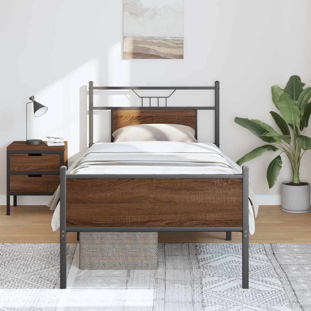 Brown Oak Bed Frame 90x200 cm - Engineered Wood, No Mattress Included