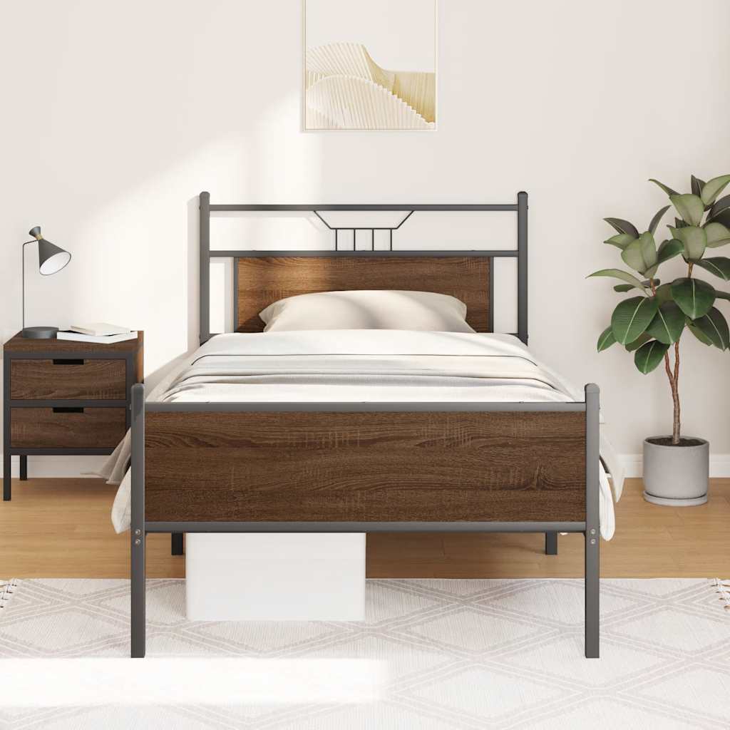 Brown Oak Bed Frame 107x203 cm - Engineered Wood Design