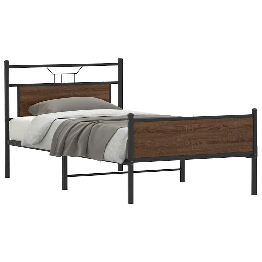 Brown Oak Bed Frame 107x203 cm - Engineered Wood Design
