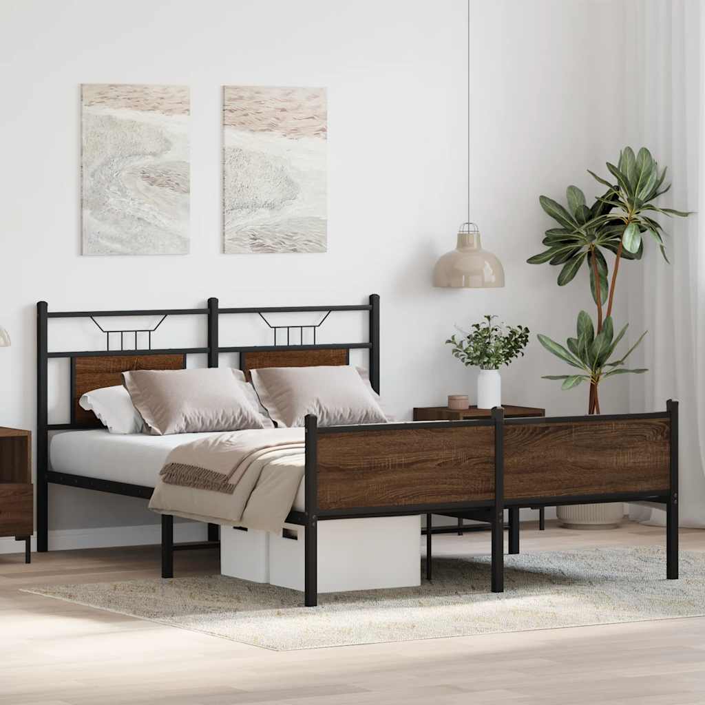 Brown Oak Engineered Wood Bed Frame 140x200 cm (Mattress Not Included)