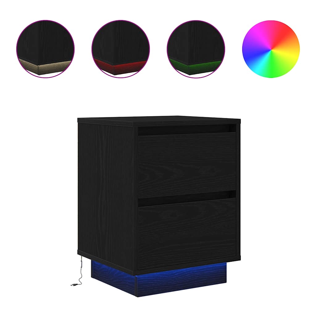 Bedside Cabinet with LED Lights Black 38x34x50 cm