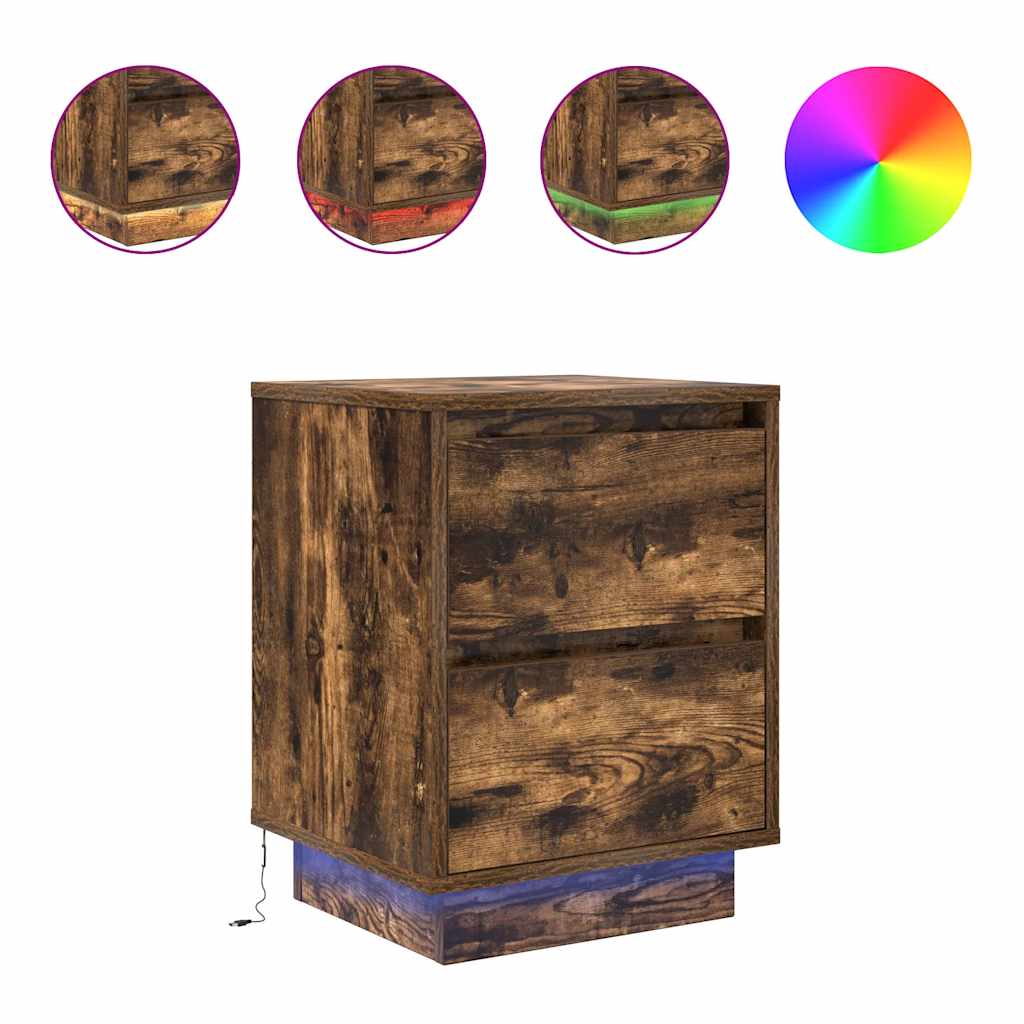 Bedside Cabinet with LED Lights Smoked Oak 38x34x50 cm