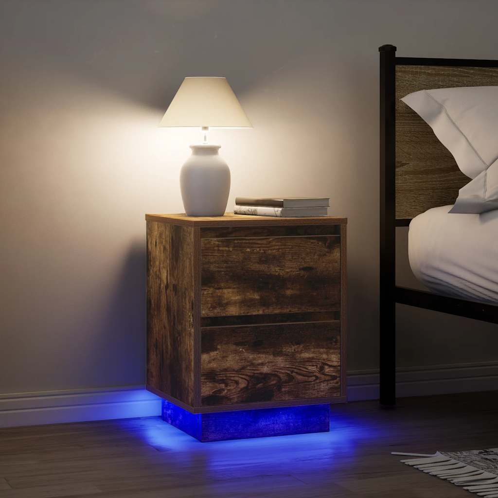 Bedside Cabinet with LED Lights Smoked Oak 38x34x50 cm