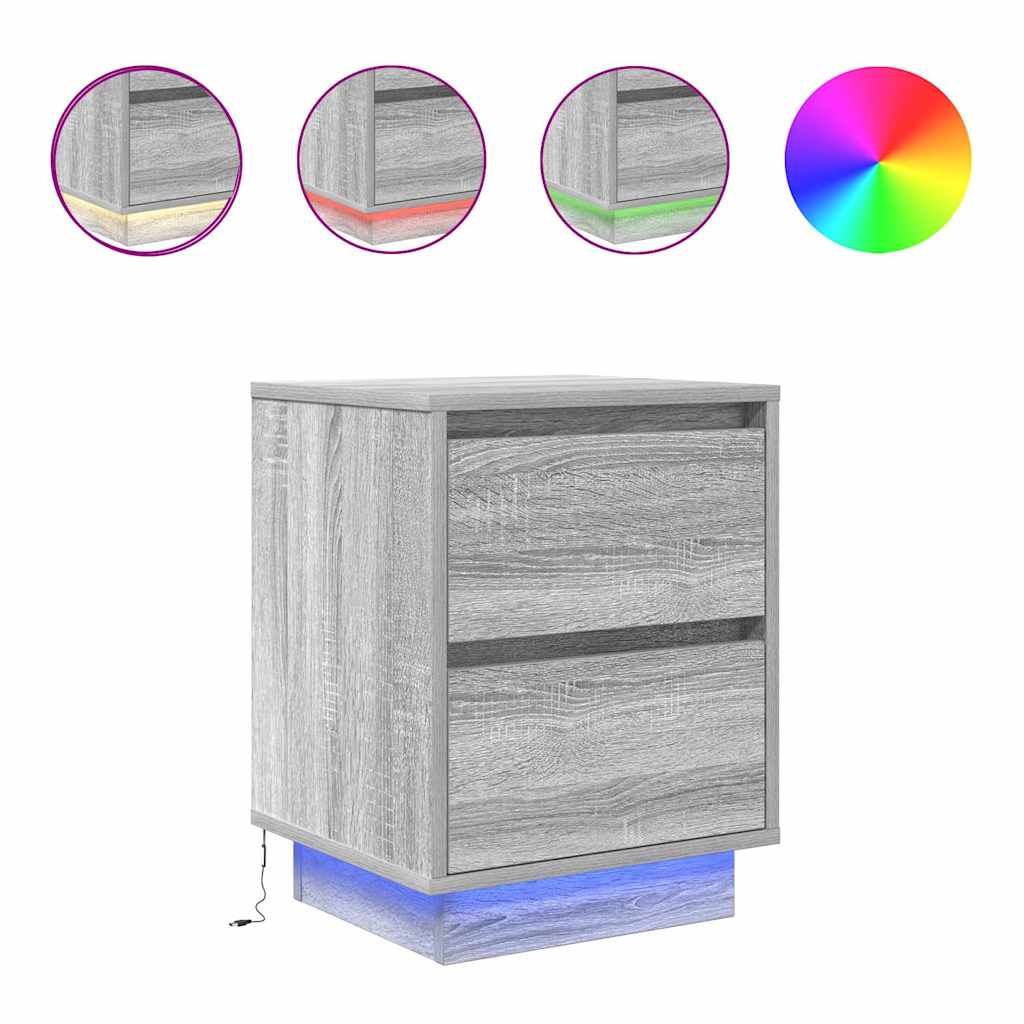 Bedside Cabinet with LED Lights Grey Sonoma 38x34x50 cm