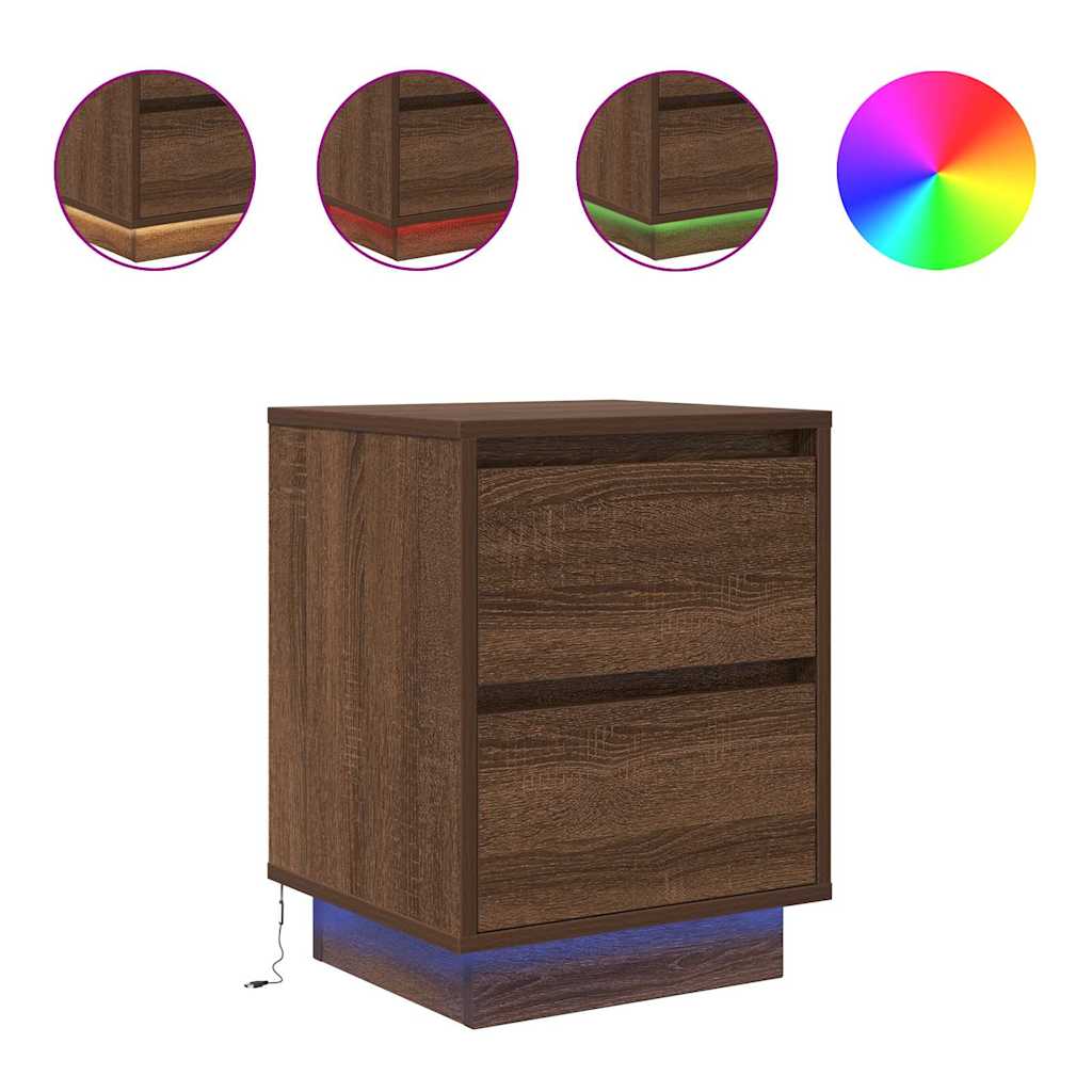 Bedside Cabinet with LED Lights Brown Oak 38x34x50 cm