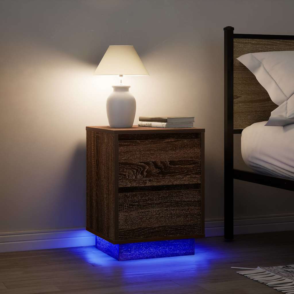 Bedside Cabinet with LED Lights Brown Oak 38x34x50 cm
