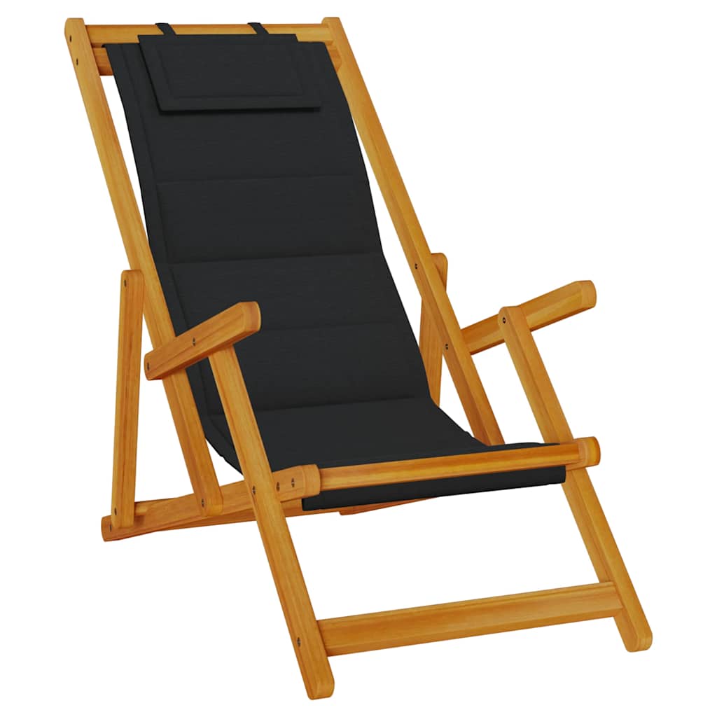 Black Acacia Folding Beach Chair with Armrests - Textilene Comfort