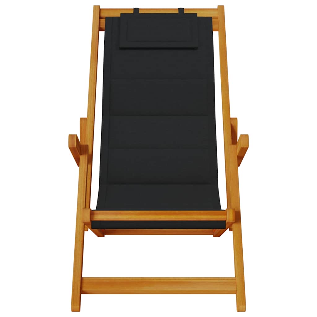Black Acacia Folding Beach Chair with Armrests - Textilene Comfort