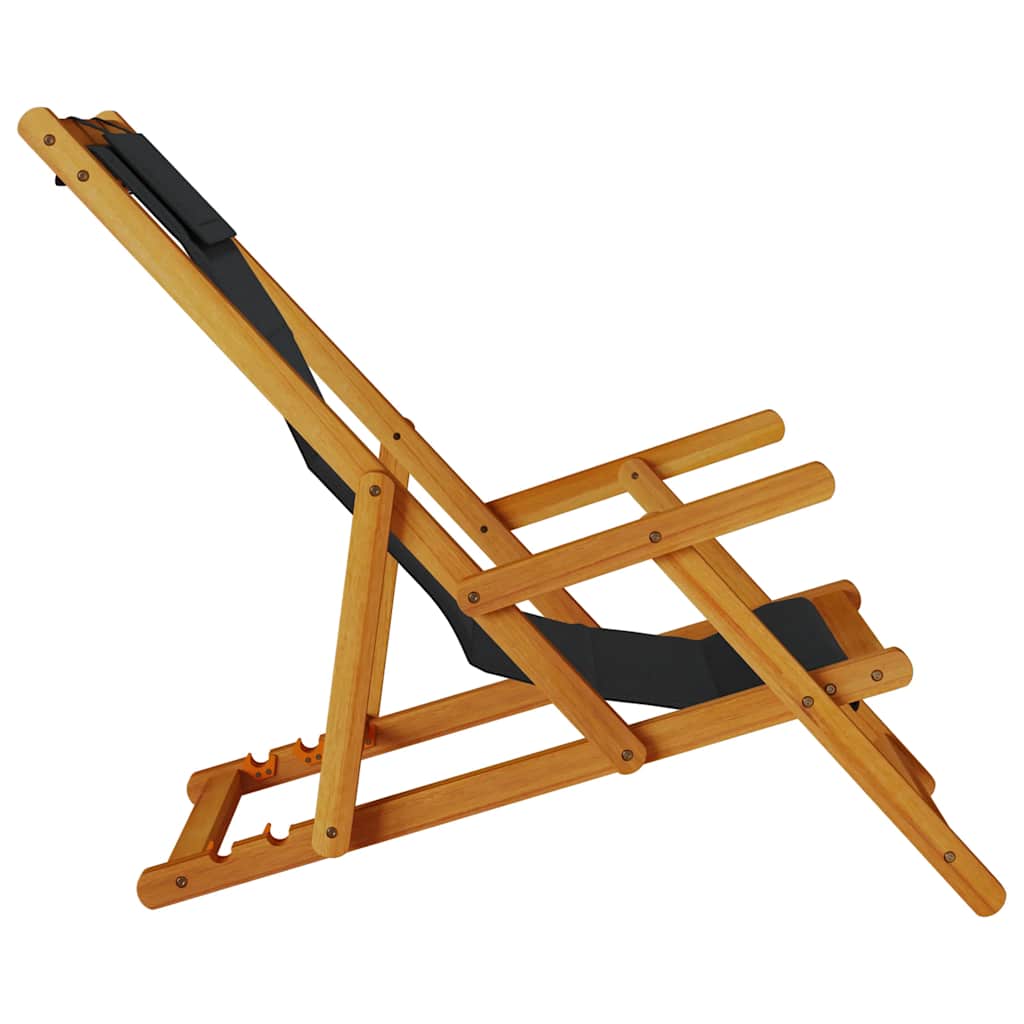 Black Acacia Folding Beach Chair with Armrests - Textilene Comfort