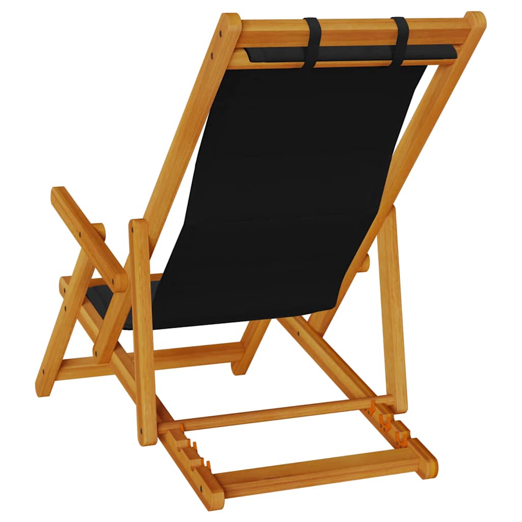Black Acacia Folding Beach Chair with Armrests - Textilene Comfort