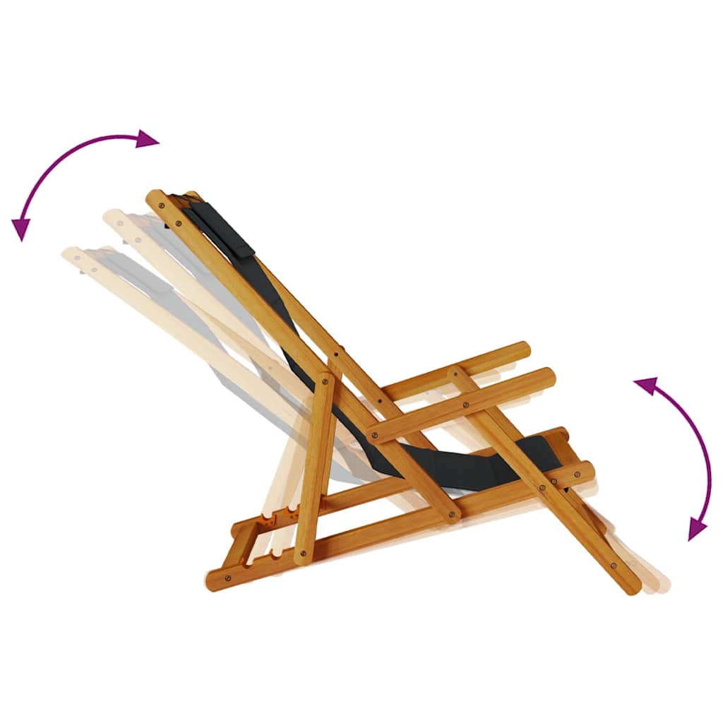 Black Acacia Folding Beach Chair with Armrests - Textilene Comfort