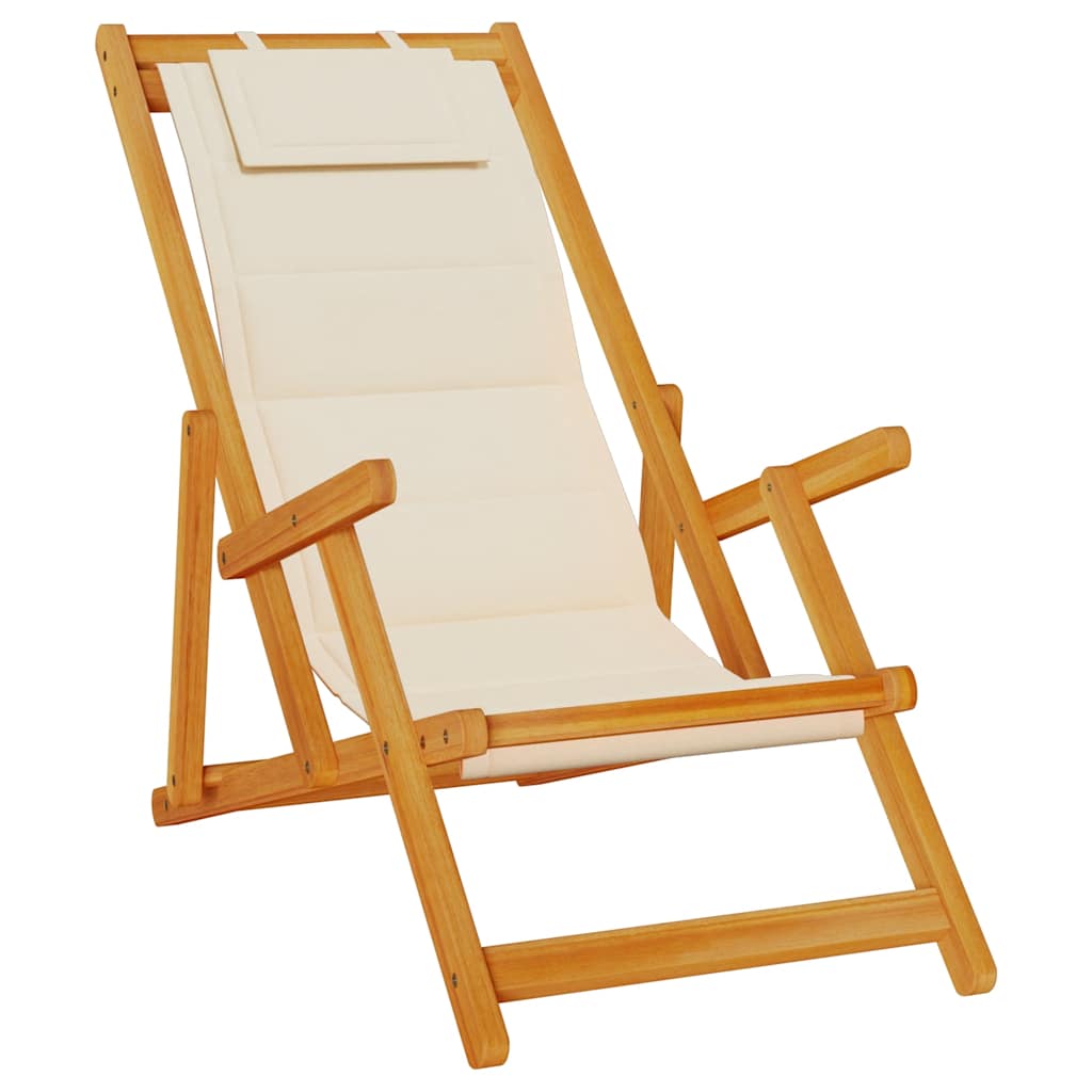 Cream Acacia Wood & Textilene Folding Beach Chair with Armrests