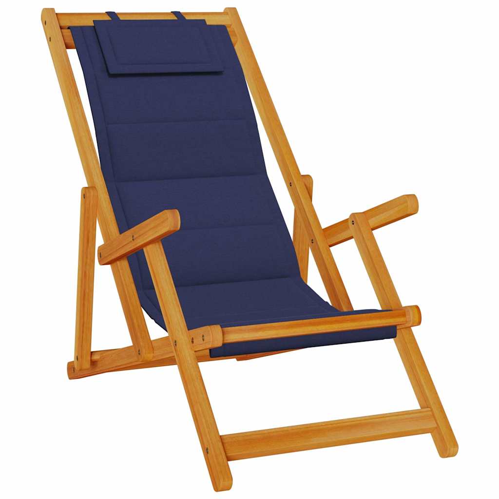 Blue Acacia Wood Folding Beach Chair with Textilene Armrests