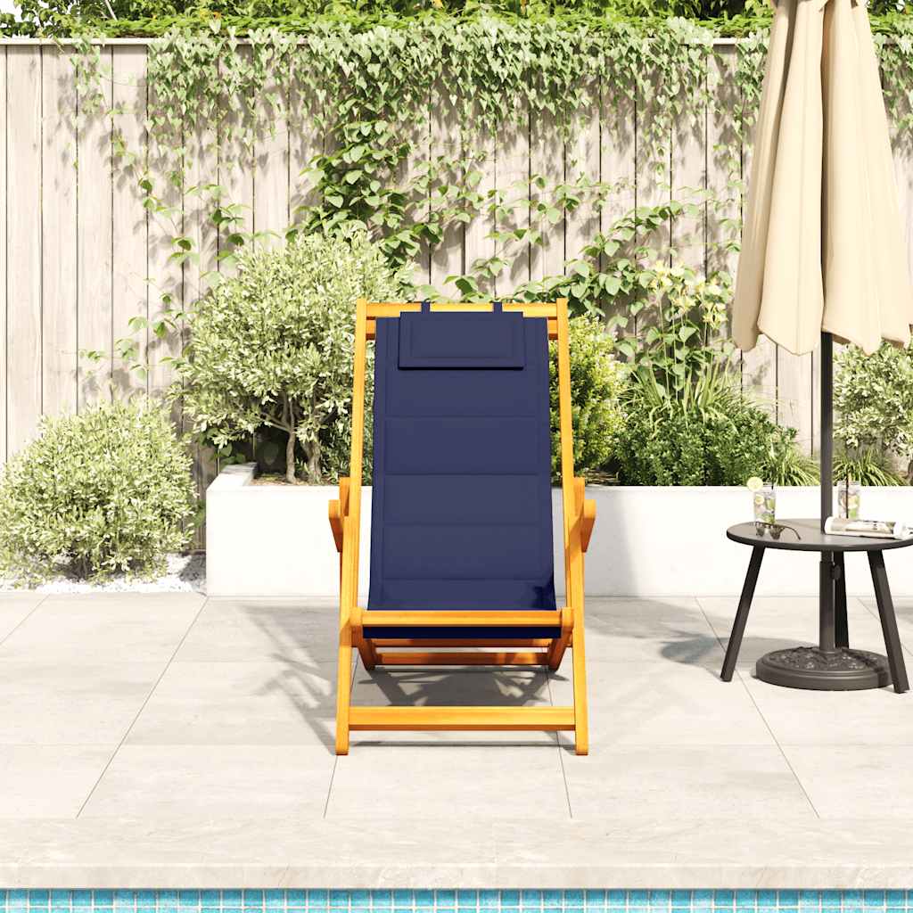 Blue Acacia Wood Folding Beach Chair with Textilene Armrests