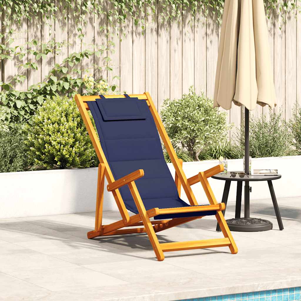 Blue Acacia Wood Folding Beach Chair with Textilene Armrests