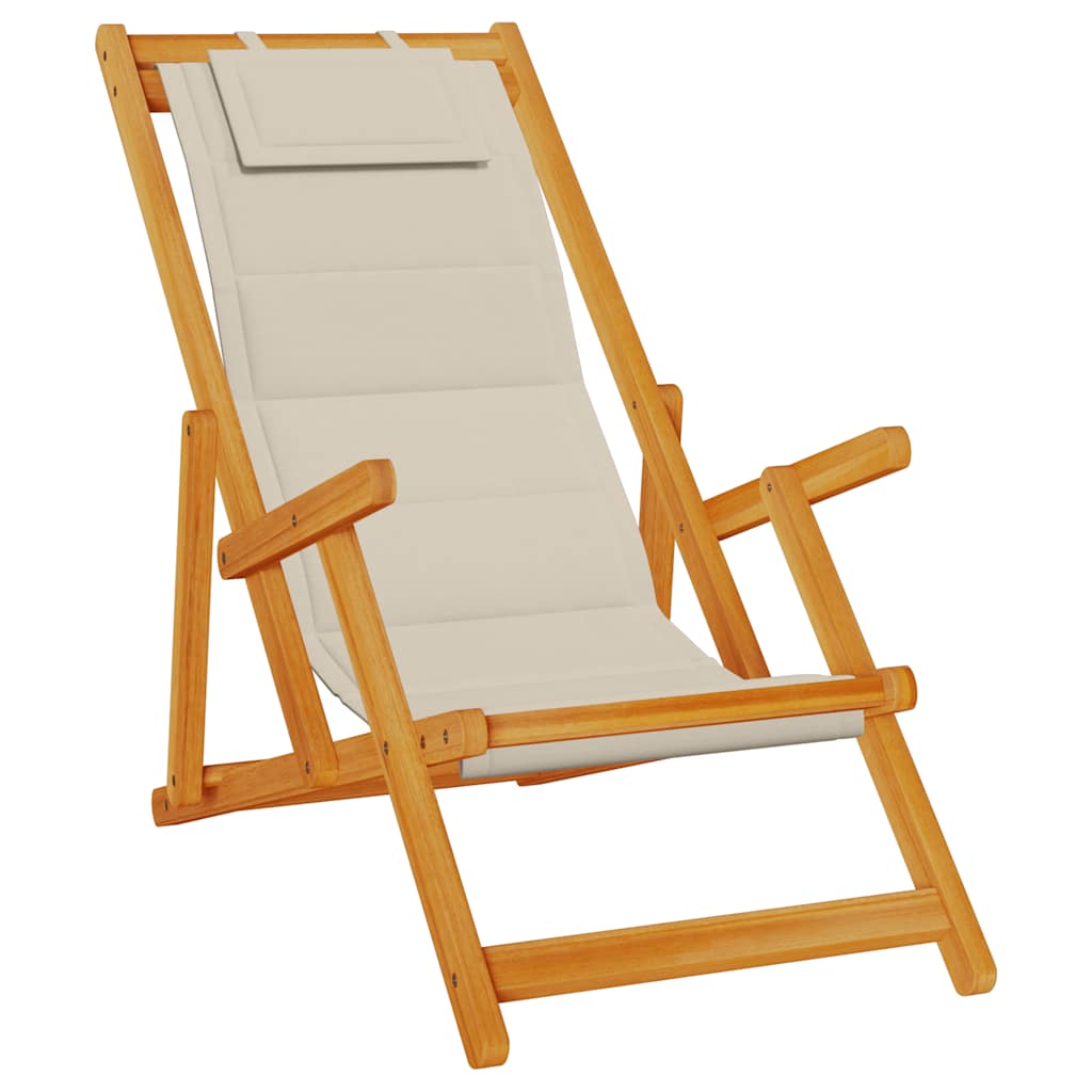 Foldable Taupe Beach Chair with Armrests - Acacia Wood & Textilene