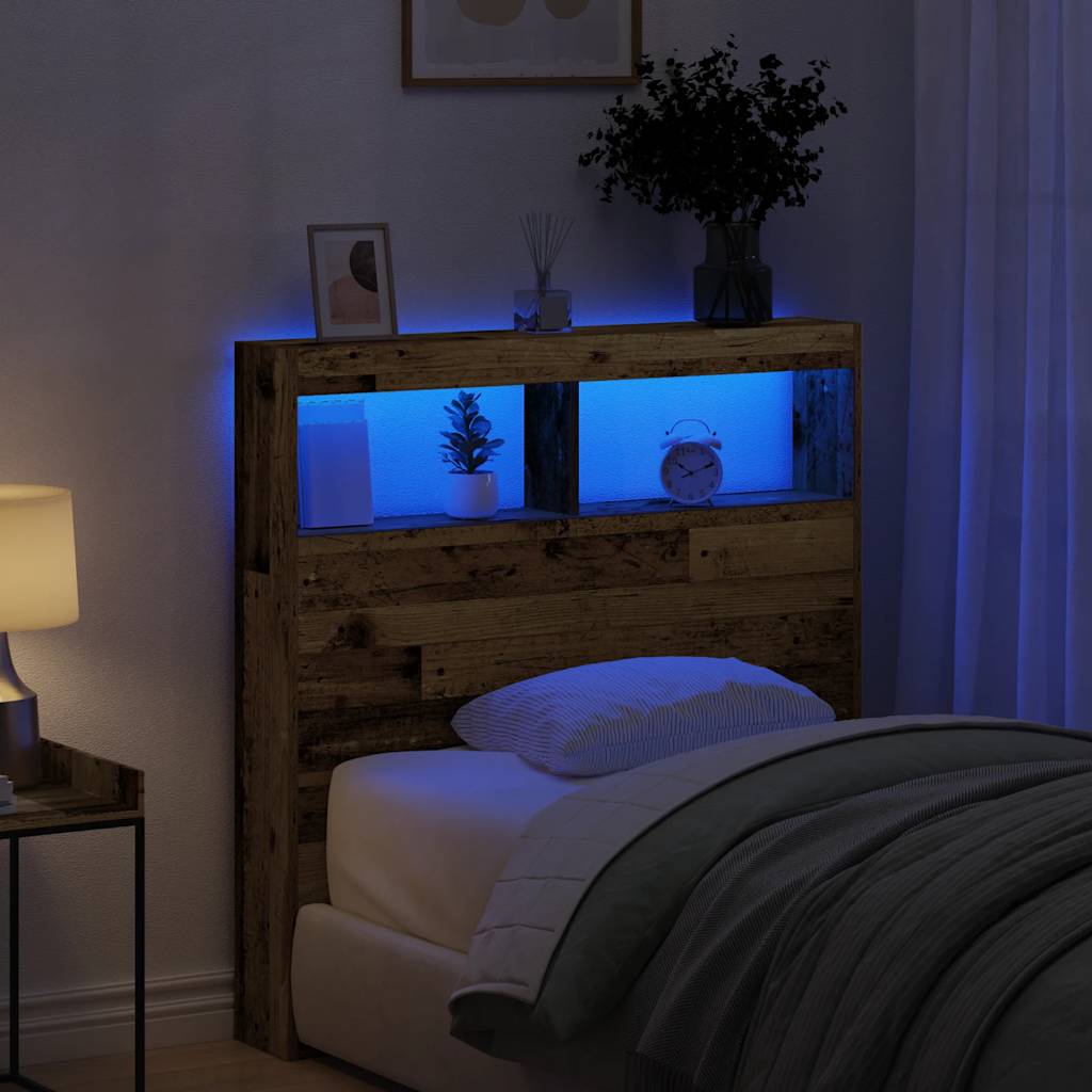 LED Headboard Cabinet, Rustic Old Wood, 100x17x102 cm