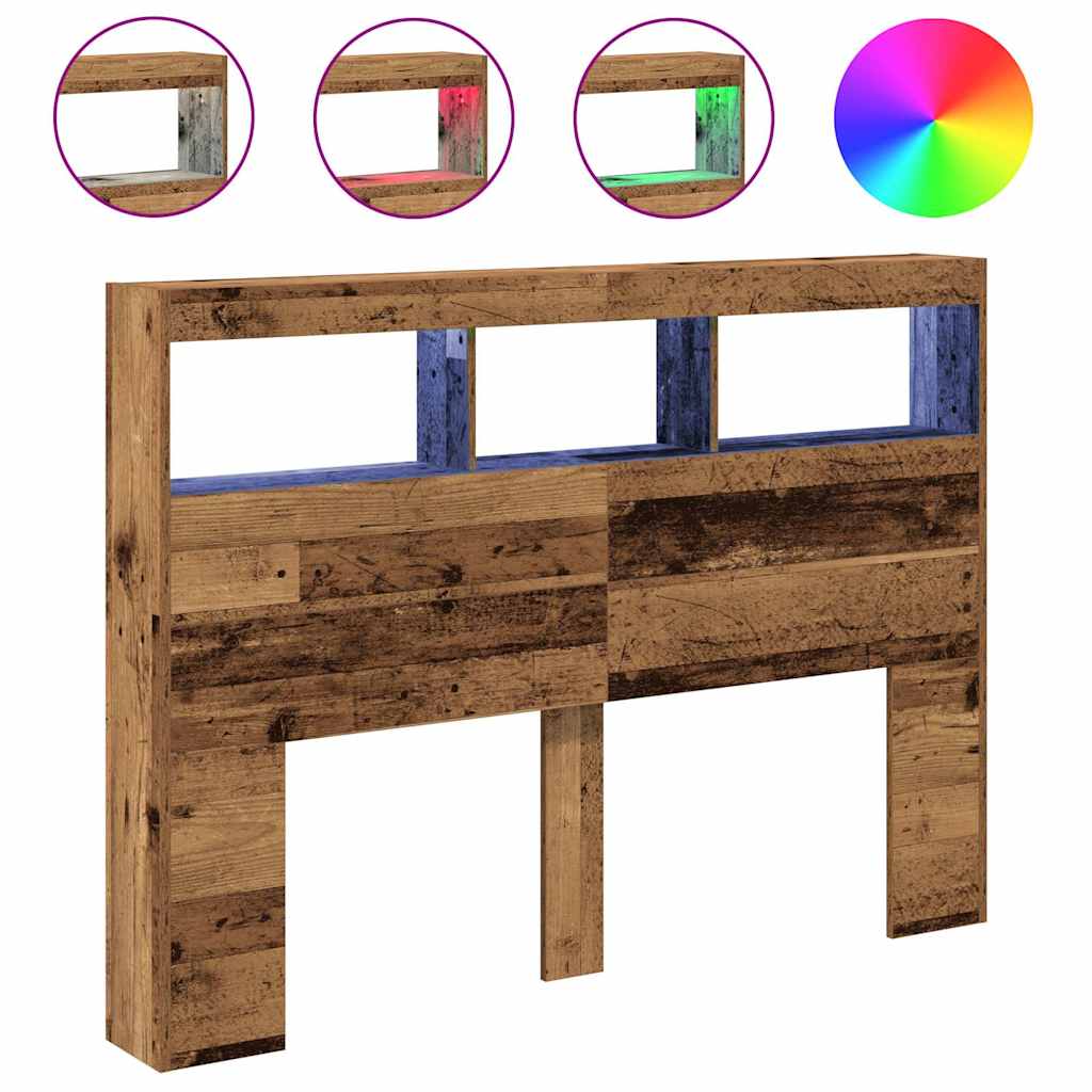 LED-Lit Headboard Cabinet, Old Wood Finish, 140x17x102 cm