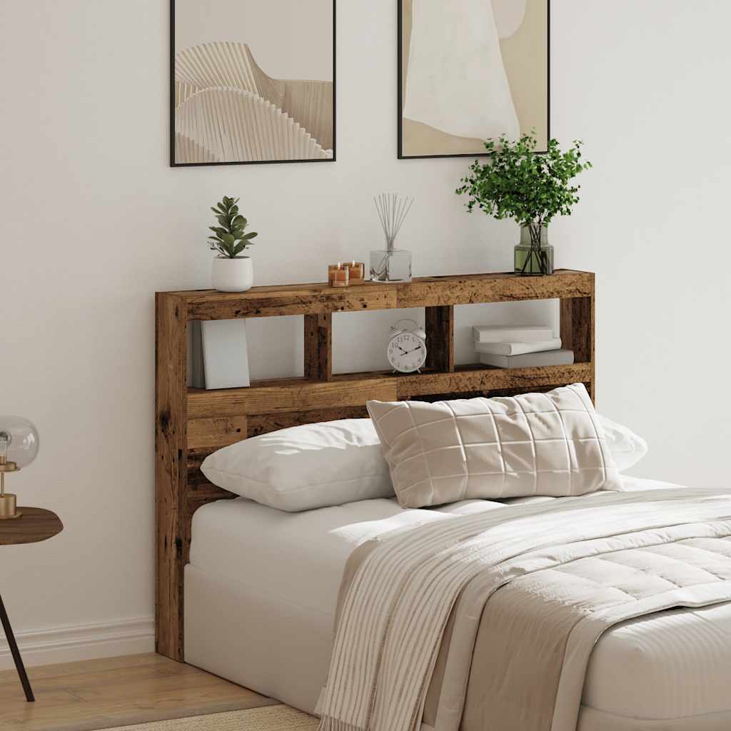 LED-Lit Headboard Cabinet, Old Wood Finish, 140x17x102 cm