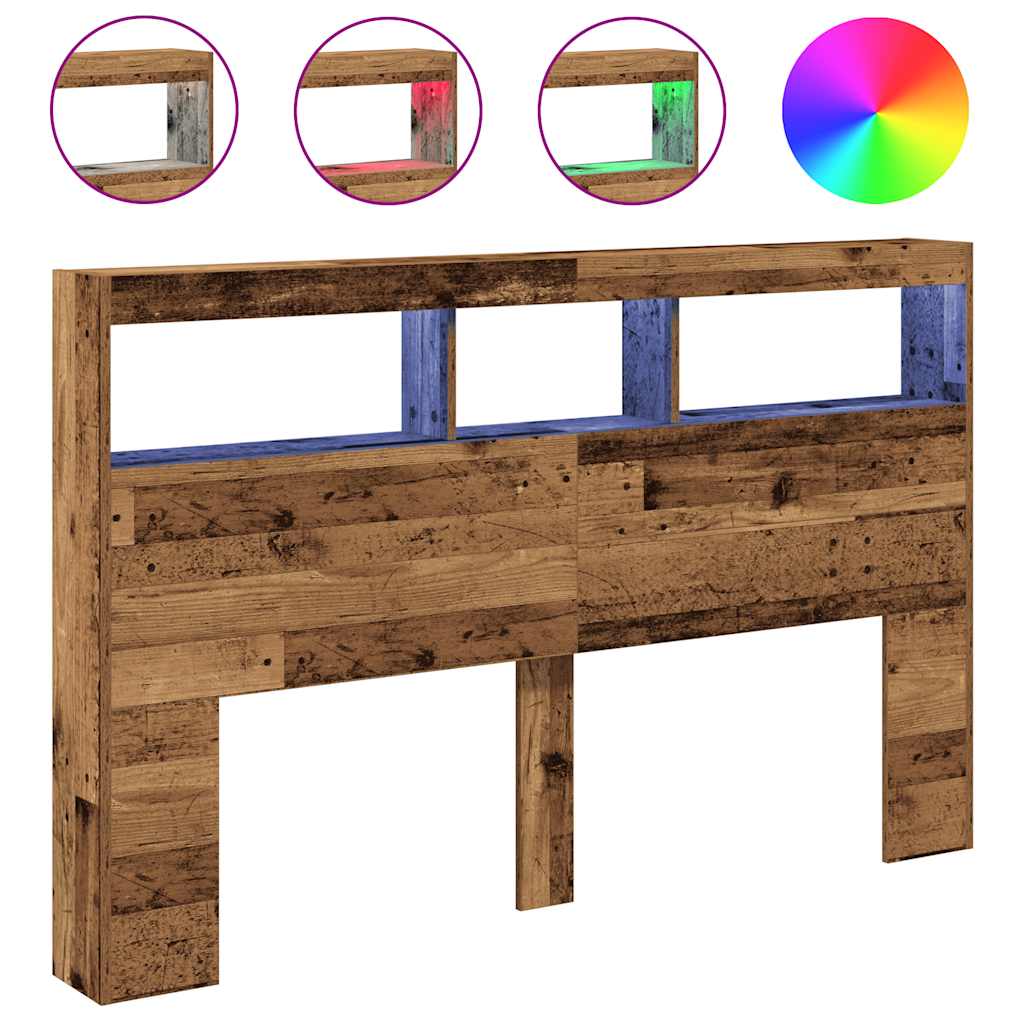 Rustic Old Wood Headboard Cabinet with LED, 160x17x102 cm