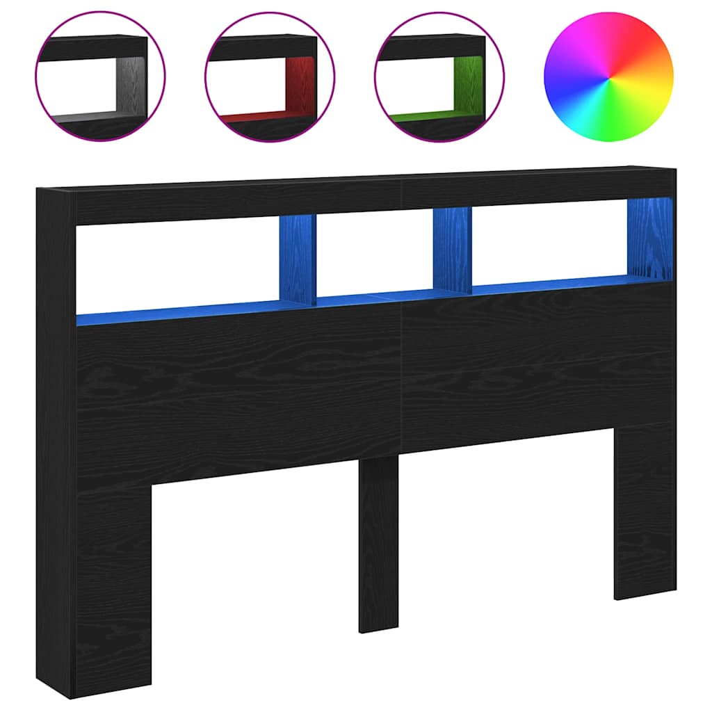 Black Oak Headboard Cabinet with LED Lights, 160x17x102 cm