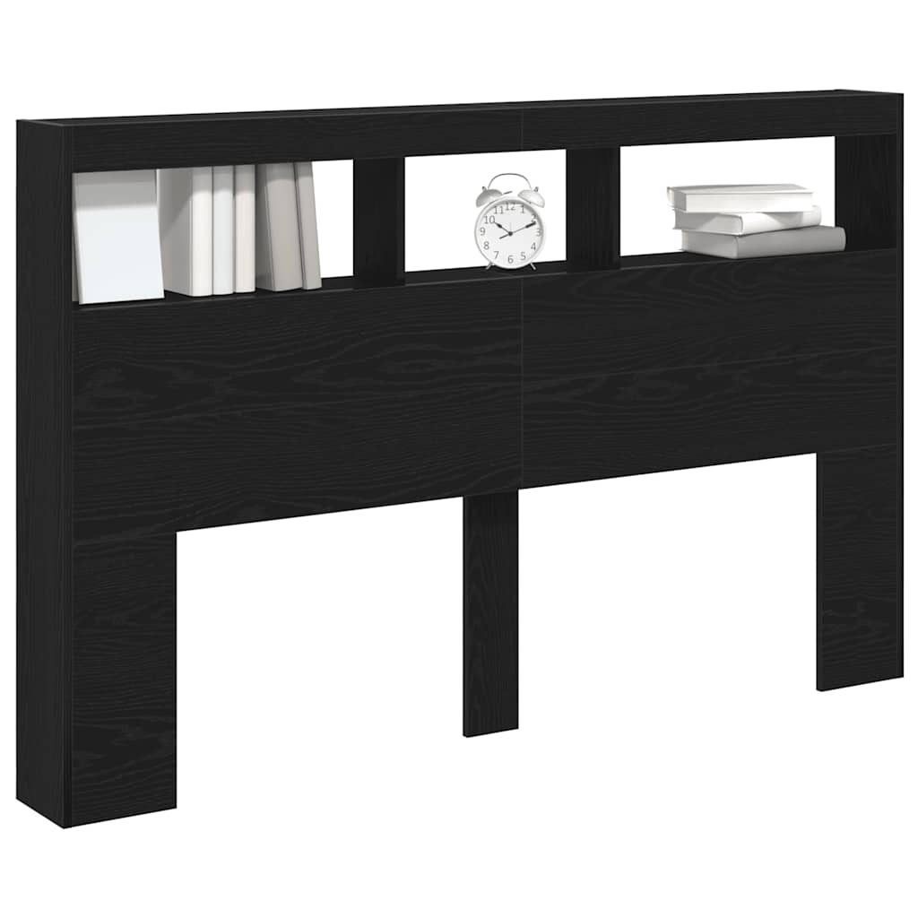 Black Oak Headboard Cabinet with LED Lights, 160x17x102 cm