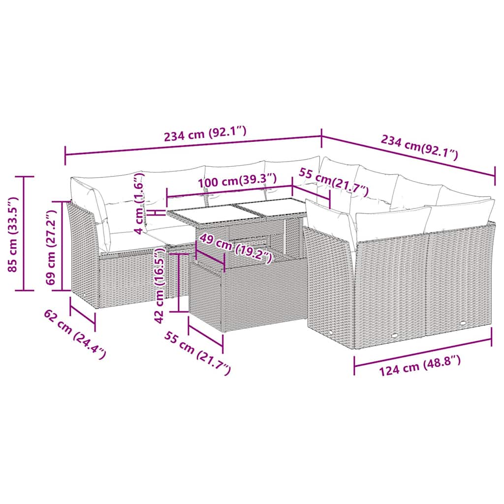 9 Piece Garden Sofa Set with Cushions Brown Poly Rattan Acacia