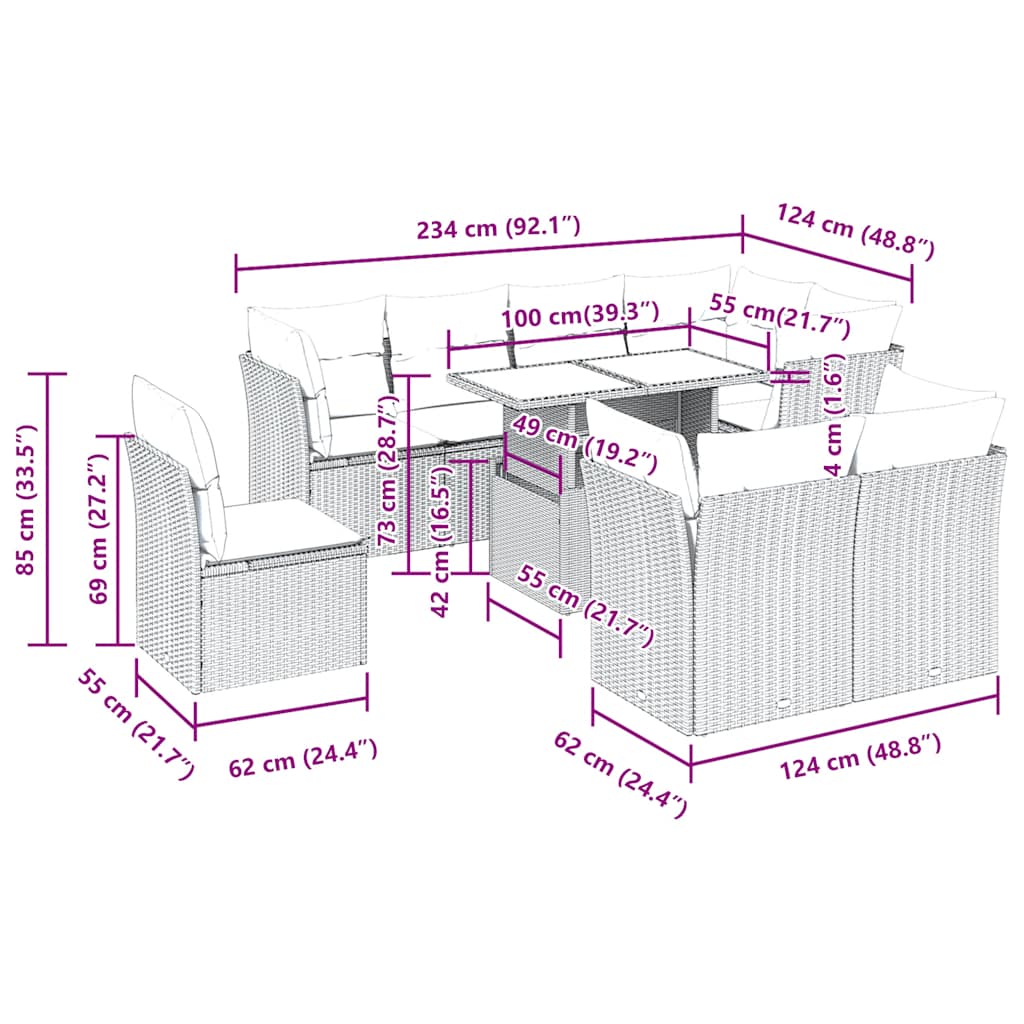 9 Piece Garden Sofa Set with Cushions Grey Poly Rattan Acacia