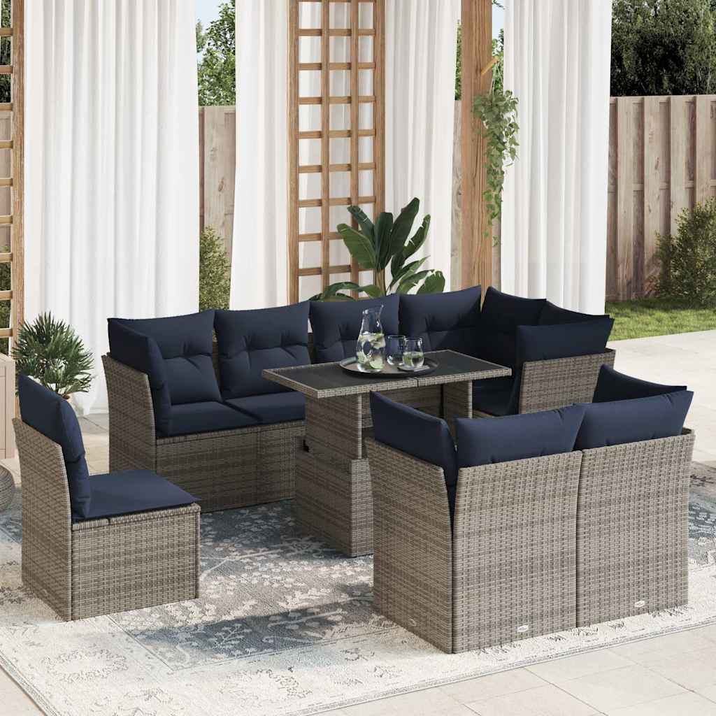 9 Piece Garden Sofa Set with Cushions Grey Poly Rattan Acacia