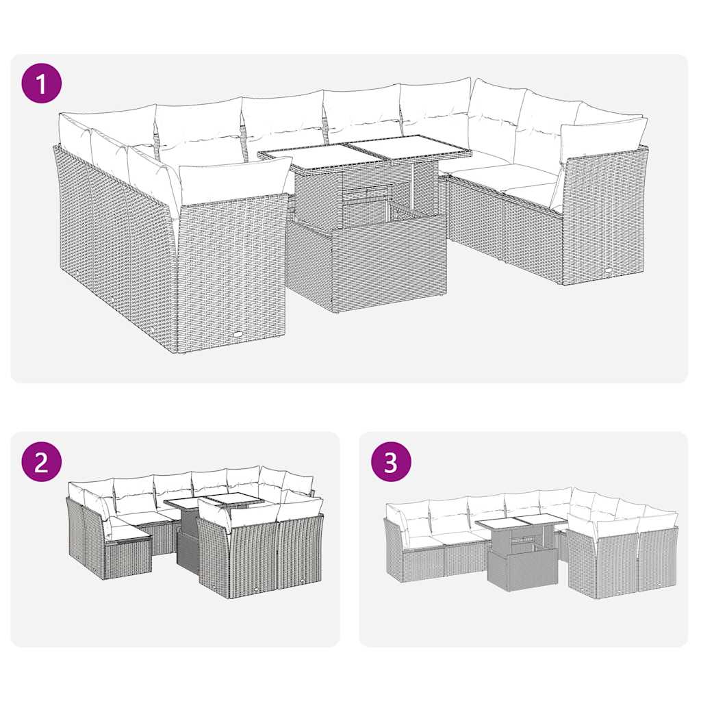 10 Piece Garden Sofa Set with Cushions Grey Poly Rattan Acacia