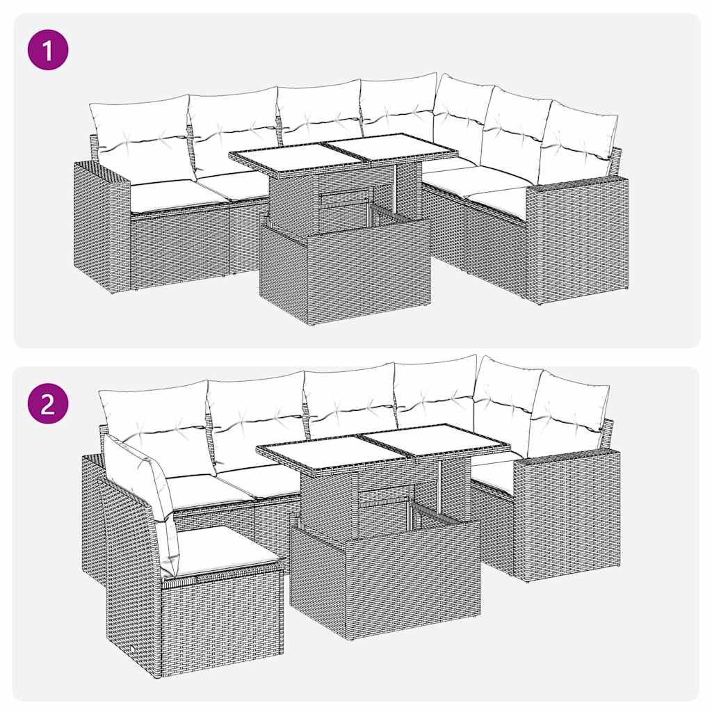 7 Piece Garden Sofa Set with Cushions Black Poly Rattan Acacia