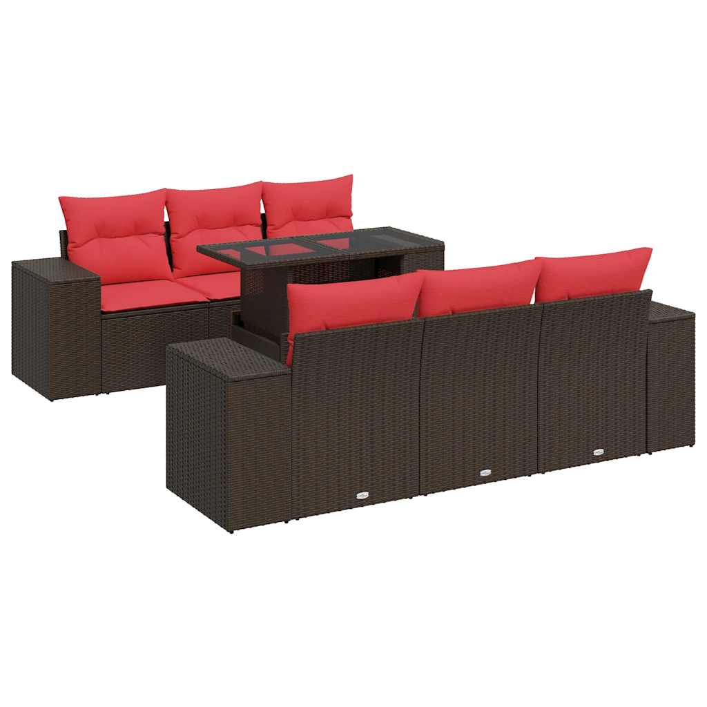 7 Piece Garden Sofa Set with Cushions Brown Poly Rattan Acacia