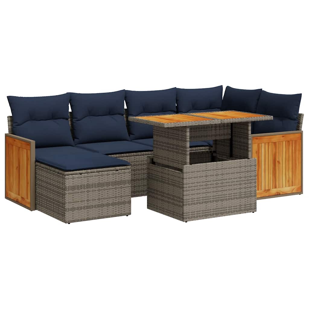 7 Piece Garden Sofa Set with Cushions Black Poly Rattan Acacia